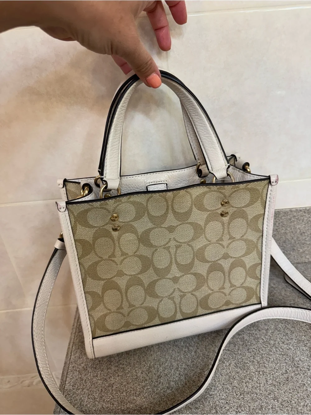 Coach Beige Signature Canvas Satchel with White Leather Trim